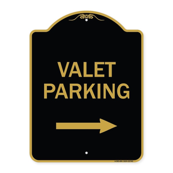 Valet Parking with Right Arrow, Black & Gold Aluminum Architectural Sign, 18" x 24", BG-1824-22749